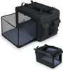 A black foldable pet carrier is shown in two configurations: fully expanded with a mesh extension and collapsed. Anteprima dell’immagine prodotto