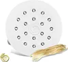 A white pasta maker disc with multiple holes and a small bundle of uncooked spaghetti in front of it. There is a small logo on the disc. Produktbild-Vorschau