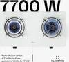 A white two-burner gas stove with blue flames, viewed from directly above. Podgląd zdjęcia produktu