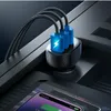 A car charger with three USB ports is plugged into a car's console, charging a smartphone. Anteprima dell’immagine prodotto