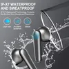 Close-up of two wireless earbuds with water splashing around them, highlighting their waterproof capabilities. Produktbild-Vorschau