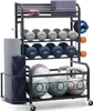 A multi-tiered storage rack filled with various fitness equipment, including dumbbells, kettlebells, yoga blocks, and a foam roller. Náhľad obrázku produktu