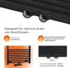 Close-up of a black radiator with text and icons describing its features and connection types. Produktbild-Vorschau