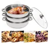A multi-panel image showing a stainless steel steamer pot with a chicken inside, and smaller images of various foods like crepes, stir-fry, and root vegetables. Náhľad obrázku produktu