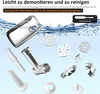 Various parts of a meat grinder are shown floating in water, with text in German about cleaning. Produktbild-Vorschau