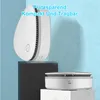 Two white air purifiers are displayed on pedestals against a light blue background. The upper purifier is taller and teardrop-shaped, while the lower one is flat and circular. Produktbild-Vorschau