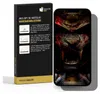 A product box for an iPhone screen protector is shown next to the screen protector itself, which is applied to a phone with a dark, stylized image on the screen. Produktbild-Vorschau