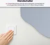 A hand is shown pressing a light switch on a white wall, with a large, abstract blue shape in the background. Produktbild-Vorschau