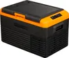 A portable cooler/refrigerator with a black and orange exterior, shown from a three-quarter front angle on a white background. Produktbild-Vorschau
