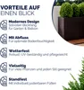 A marketing image showing a brown planter with green plants, accompanied by text listing its features. Produktbild-Vorschau
