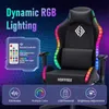 A gaming chair with dynamic RGB lighting, featuring a remote control and various lighting modes. Produktbild-Vorschau