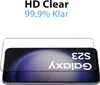 A screen protector is shown placed on top of a smartphone screen, with text overlay indicating its features. Produktbild-Vorschau