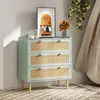 A green chest of drawers with rattan drawer fronts, decorated with a framed picture and flowers. Podgląd zdjęcia produktu