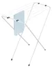 A small, foldable clothes drying rack with a light blue towel draped over one of the bars, set against a white background. Anteprima dell’immagine prodotto