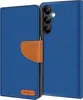 A blue flip case for a Samsung Galaxy A25 5G phone, with a brown leather strap closure and a small logo on the bottom left. Produktbild-Vorschau