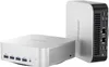Two silver mini PCs are shown against a white background. One is lying flat in the foreground, and the other is standing upright in the background. Produktbild-Vorschau