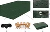 A collage of images showing a green garden furniture cover, close-ups of its material and grommets, a folded cover, a rope, and a wooden table with chairs. Náhľad obrázku produktu