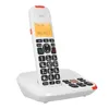 A white cordless phone with an orange accent sits in its charging base against a white background. Produktbild-Vorschau