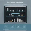 An open bathroom cabinet with shelves displaying various toiletries and accessories, with marketing text and icons at the bottom. Produktbild-Vorschau
