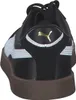 The back view of a black Puma sneaker with a white stripe and a gold Puma logo on the heel. Voir les images du produit
