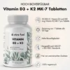 A bottle of Vitamin D3 + K2 tablets is shown next to a list of product features and benefits. Produktbild-Vorschau