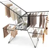 A silver folding drying rack with clothes and shoes on it, set against a white background. Anteprima dell’immagine prodotto