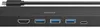 A close-up view of a black USB-C hub with various ports and a connected USB-C cable. Produktbild-Vorschau