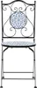 A black metal chair with blue and white mosaic detailing on the backrest and seat, presented against a white background. Náhled obrázku produktu