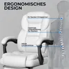 A white ergonomic office chair is shown with diagrams and text highlighting its features. Produktbild-Vorschau