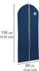 A dark blue garment bag with white trim and a clear window, shown hanging from a hook. Dimensions are indicated with text and lines. Produktbild-Vorschau