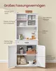 A white kitchen cabinet with various compartments and shelves, showcasing its storage capacity. Text labels point out different features. Produktbild-Vorschau