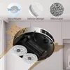 A robotic vacuum cleaner is shown from below, with its mopping pads in action, cleaning up a spill. Above, three circular insets highlight features: washability, Velcro design, and microfiber material. Voir les images du produit