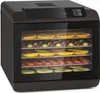 A black food dehydrator with multiple trays filled with various fruits and vegetables. Náhľad obrázku produktu