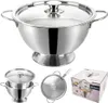A collage of images showing a stainless steel soup bowl with a lid, a smaller bowl inside it, a separate lid, and a product box. Podgląd zdjęcia produktu
