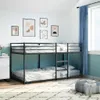 A bedroom with a bunk bed, artwork on the wall, and a window with blue curtains. Náhled obrázku produktu