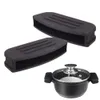 Two black silicone pot holders and a black pot with a glass lid are displayed against a white background. Podgląd zdjęcia produktu