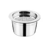 A stainless steel coffee capsule with a perforated base sits on a white background. Produktbild-Vorschau
