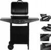 A black gas grill with its lid open, displayed on a white background. Produktbild-Vorschau