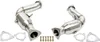 Two stainless steel exhaust downpipes with catalytic converters and gaskets, presented on a white background. Produktbild-Vorschau
