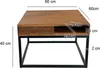 A square coffee table with a wooden top and a black metal frame, shown from a diagonal angle with dimensions indicated. Produktbild-Vorschau