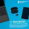 A laptop, a pair of wireless earbuds in their charging case, and a smartphone are arranged on a blue background. Produktbild-Vorschau
