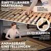 A split image showing a close-up of a bed frame's adjustable slats and a woman interacting with a mattress. Produktbild-Vorschau