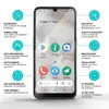 A smartphone displaying app icons, with feature callouts and descriptions around it. Produktbild-Vorschau