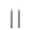 Two white LED candles with lit flames are shown against a white background. Produktbild-Vorschau