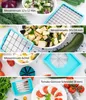 Collage of images showing different attachments and uses of a vegetable chopper. Produktbild-Vorschau