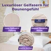 A collage of close-up images and text overlays highlighting features of a beige duvet. Produktbild-Vorschau