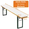 A white cushion on a green and brown beer bench, with dimensions indicated. Voir les images du produit