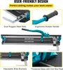 A tile cutter with close-up views of its features and descriptive text. Voir les images du produit