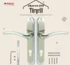 A product image showcasing a pair of door handles with accompanying hardware, presented against a light beige background with subtle decorative elements. Produktbild-Vorschau