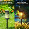 Two solar garden lights shown in different settings, one in daylight and one at night, with text describing their charging and working times. Produktbild-Vorschau